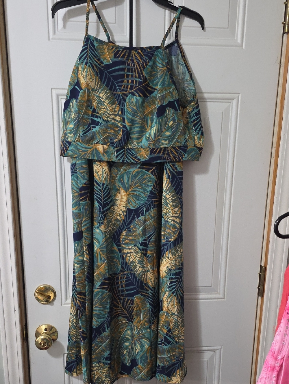 2-pc. A-Line Midi Skirt & Crop Top Gold Tropical Leaf Print - Teal/Navy